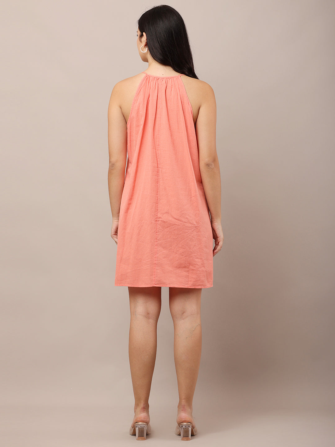 Cotton Halter Neck with Sleeveless A-line Pink Dress