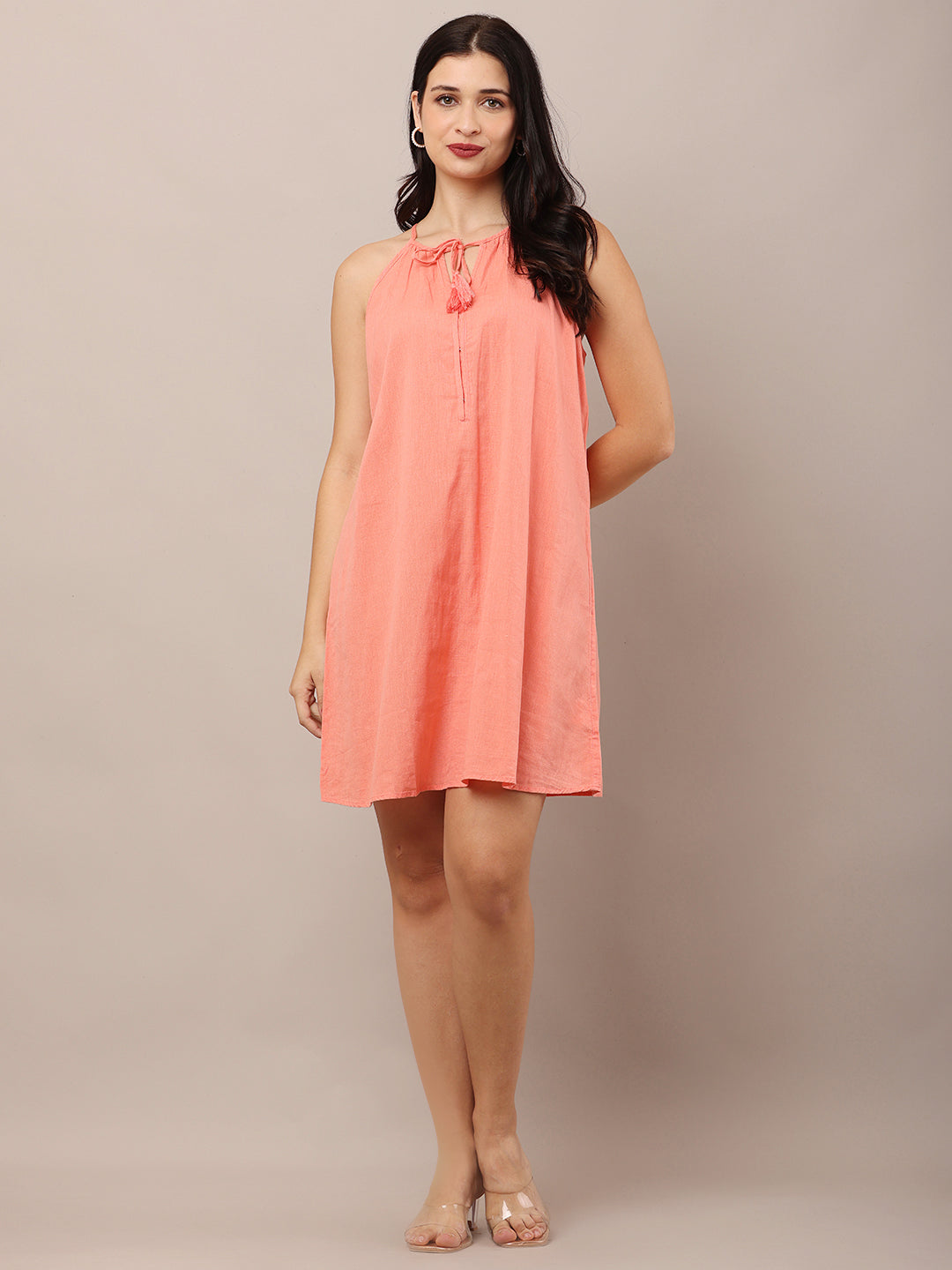 Cotton Halter Neck with Sleeveless A-line Pink Dress