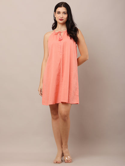 Cotton Halter Neck with Sleeveless A-line Pink Dress
