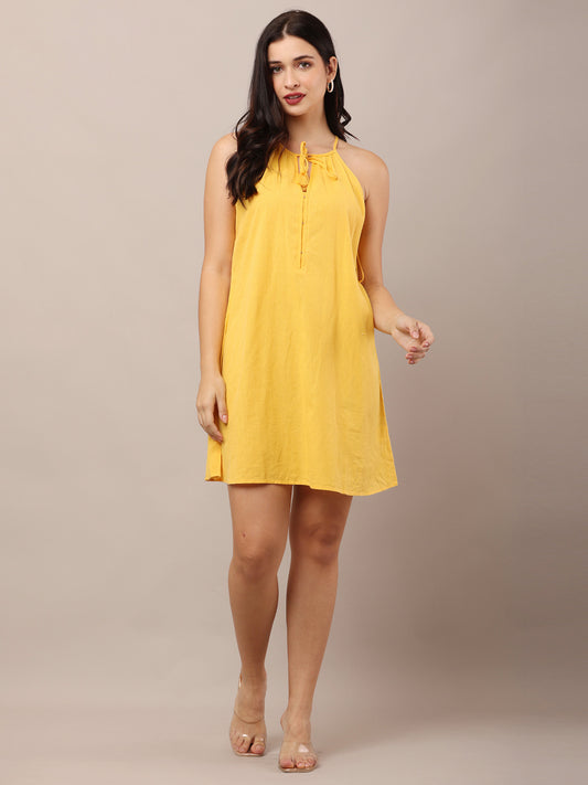 Cotton Halter Neck with Sleeveless A-line Yellow Dress