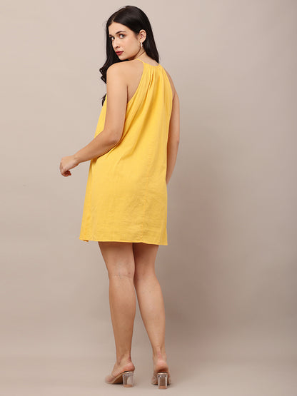 Cotton Halter Neck with Sleeveless A-line Yellow Dress