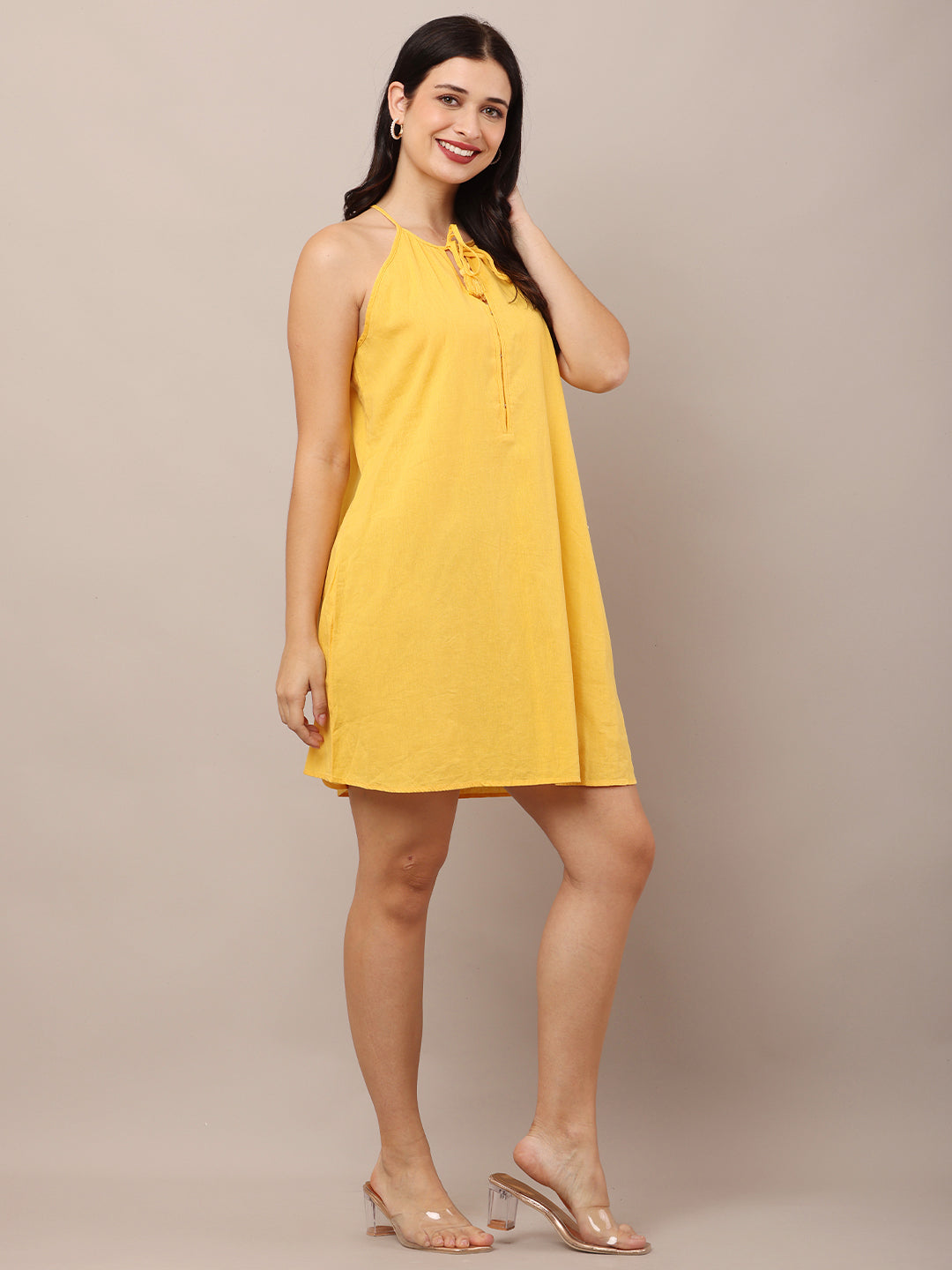 Cotton Halter Neck with Sleeveless A-line Yellow Dress
