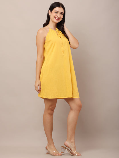 Cotton Halter Neck with Sleeveless A-line Yellow Dress