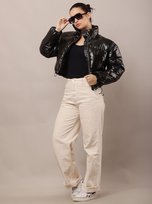 Nylon Full Sleeve with High-Neck Black Puffer Jacket