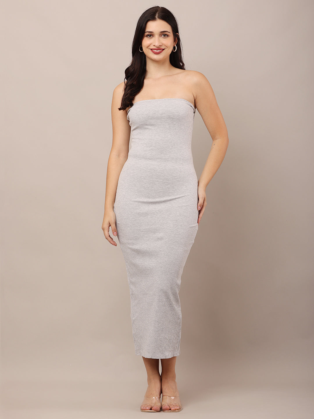 Viscose Sleeveless with Tube Neck Ribbed Fitted Party wears Dress Grey
