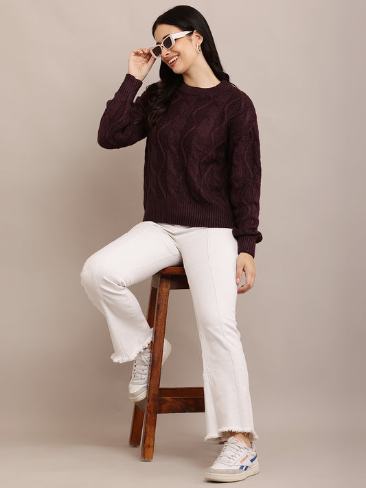 Acrylic Full Sleeve with Round Neck Cable knit Dark Purple sweater
