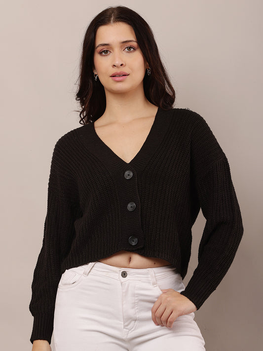 Acrylic Full Sleeve with V-Neck Black Cardigan