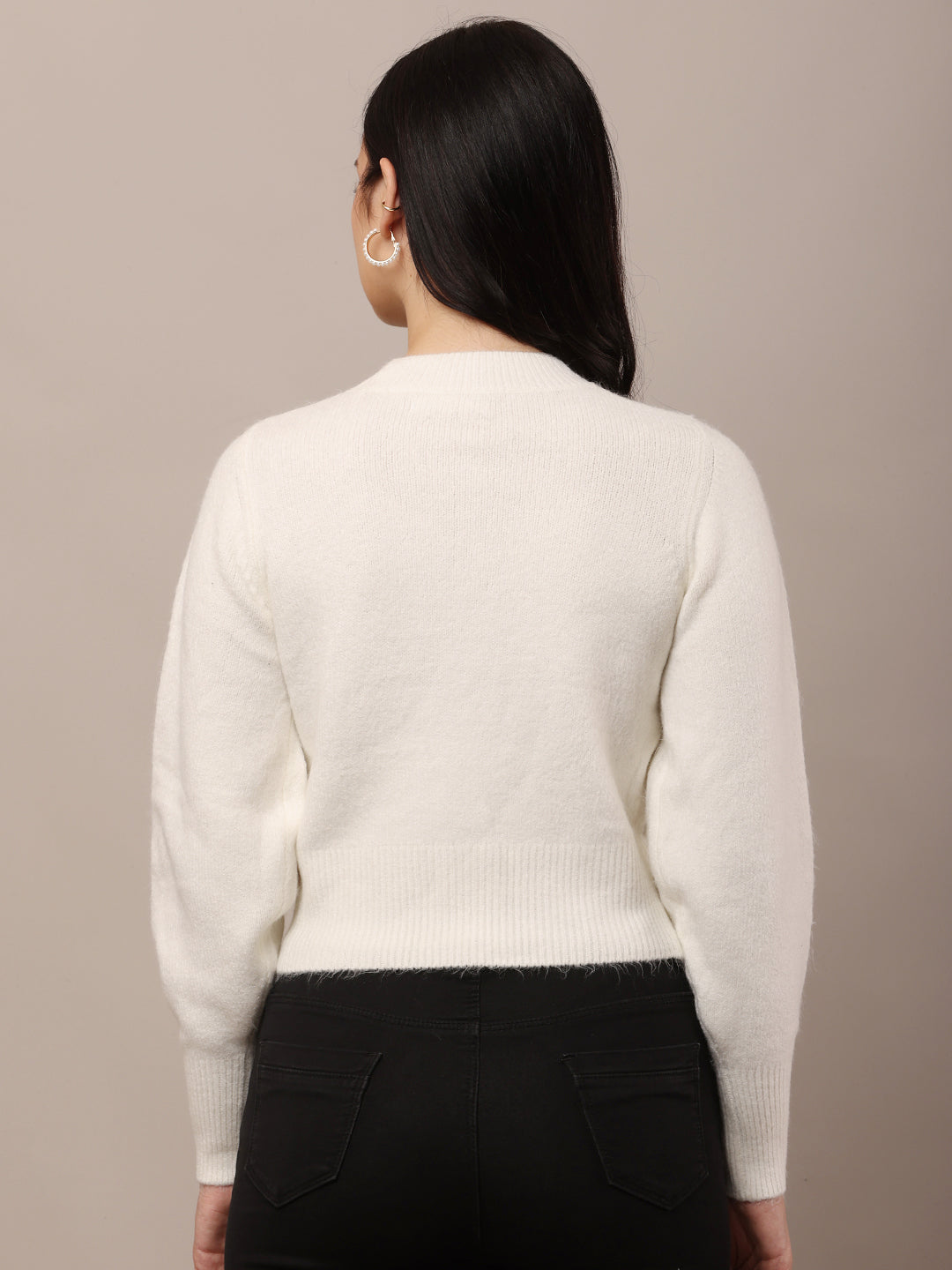 Acrylic Full Sleeve with Round Neck White Furr Sweater
