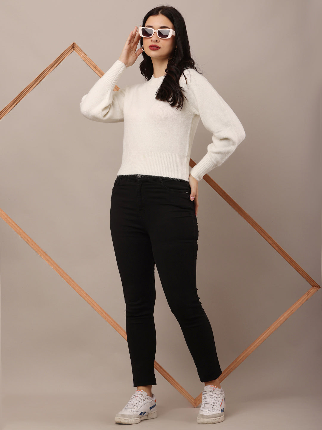 Acrylic Full Sleeve with Round Neck White Furr Sweater