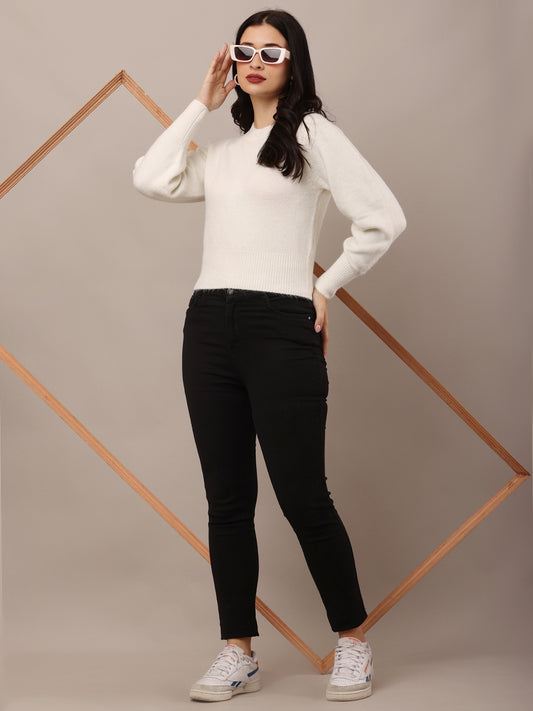 Acrylic Full Sleeve with Round Neck White Furr Sweater