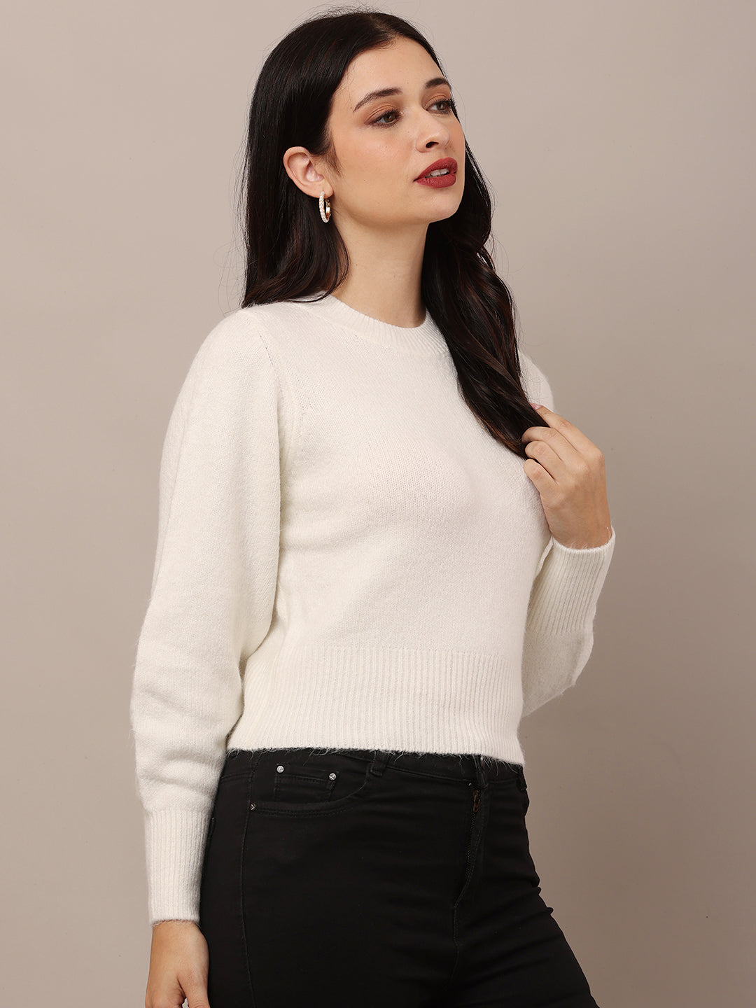 Acrylic Full Sleeve with Round Neck White Furr Sweater
