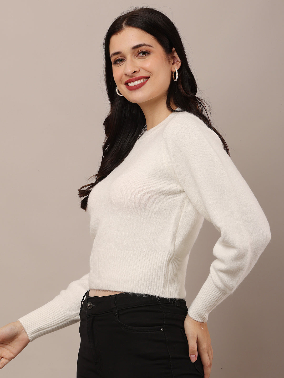Acrylic Full Sleeve with Round Neck White Furr Sweater