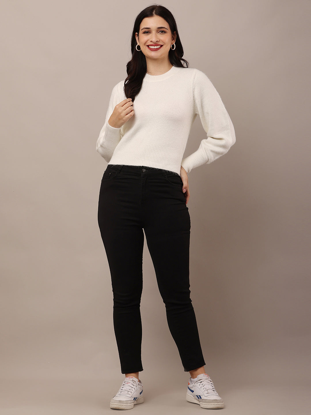 Acrylic Full Sleeve with Round Neck White Furr Sweater