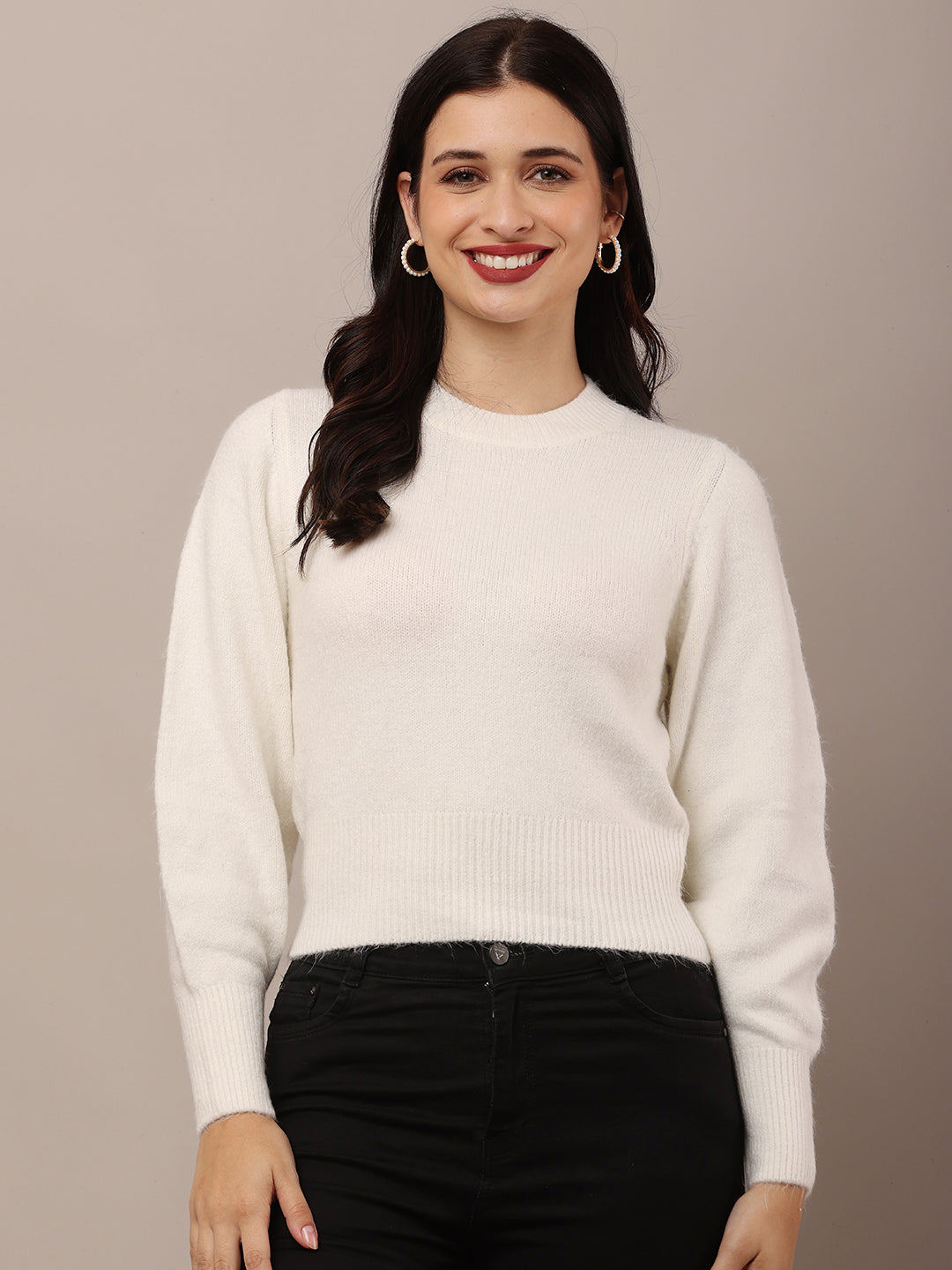 Acrylic Full Sleeve with Round Neck White Furr Sweater