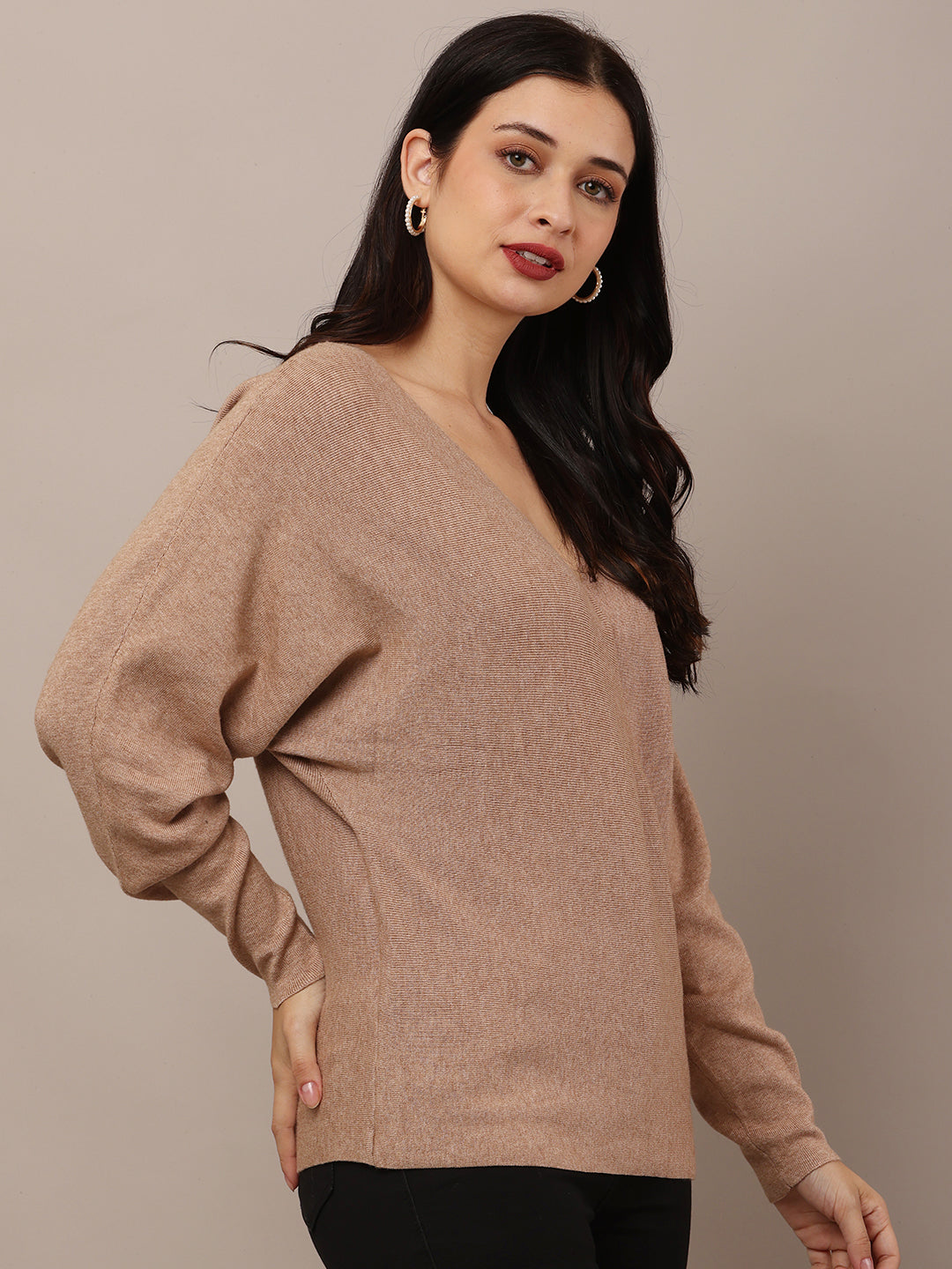 Acrylic V-Neck with Full Sleeve Brown Sweater
