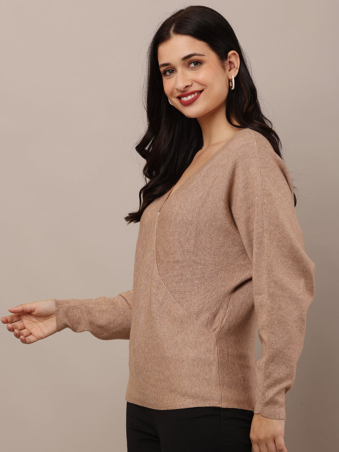 Acrylic V-Neck with Full Sleeve Brown Sweater