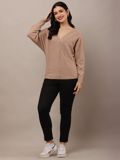 Acrylic V-Neck with Full Sleeve Brown Sweater