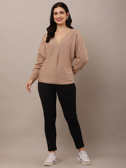 Acrylic V-Neck with Full Sleeve Brown Sweater