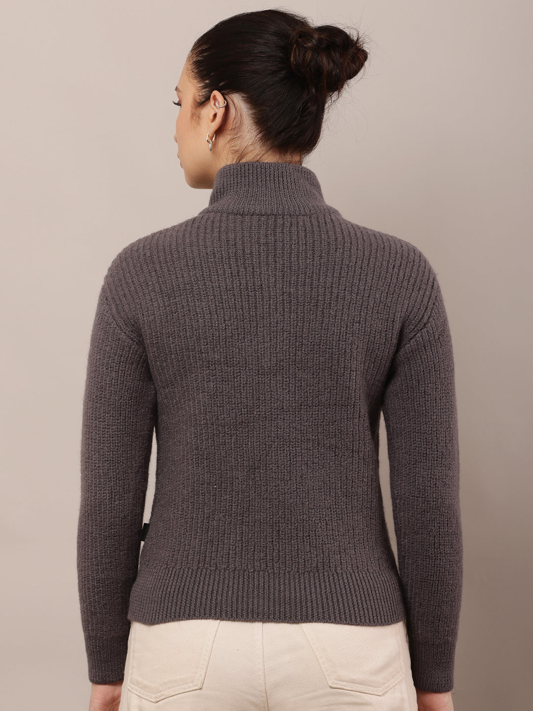 Wool Full Sleeve with High-neck with zip Grey Sweater
