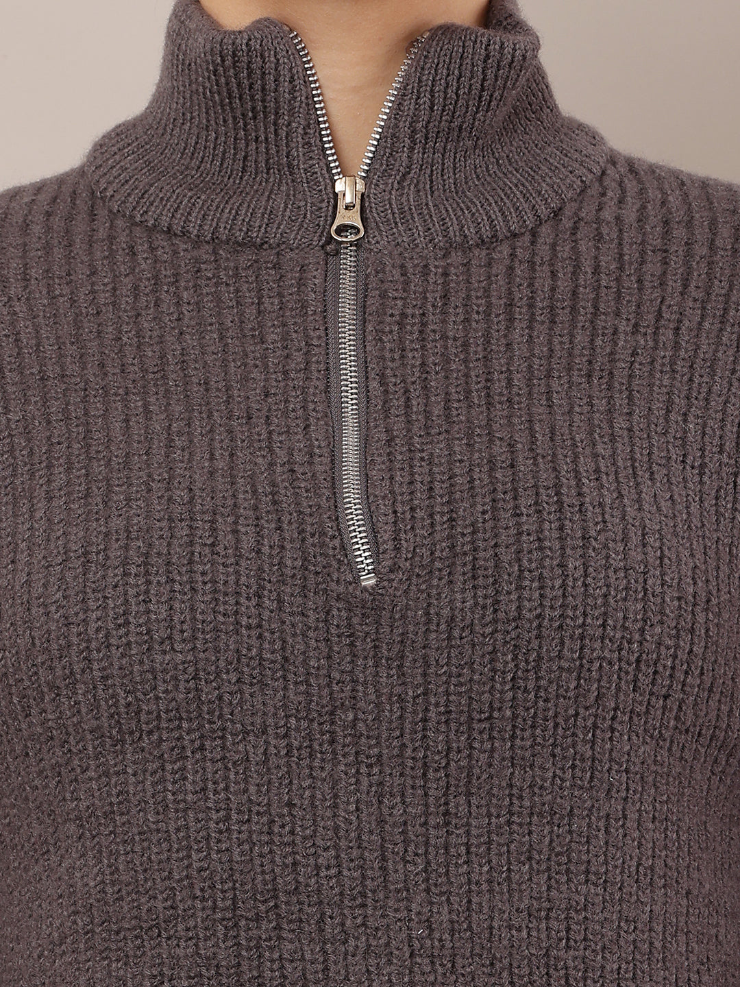 Wool Full Sleeve with High-neck with zip Grey Sweater