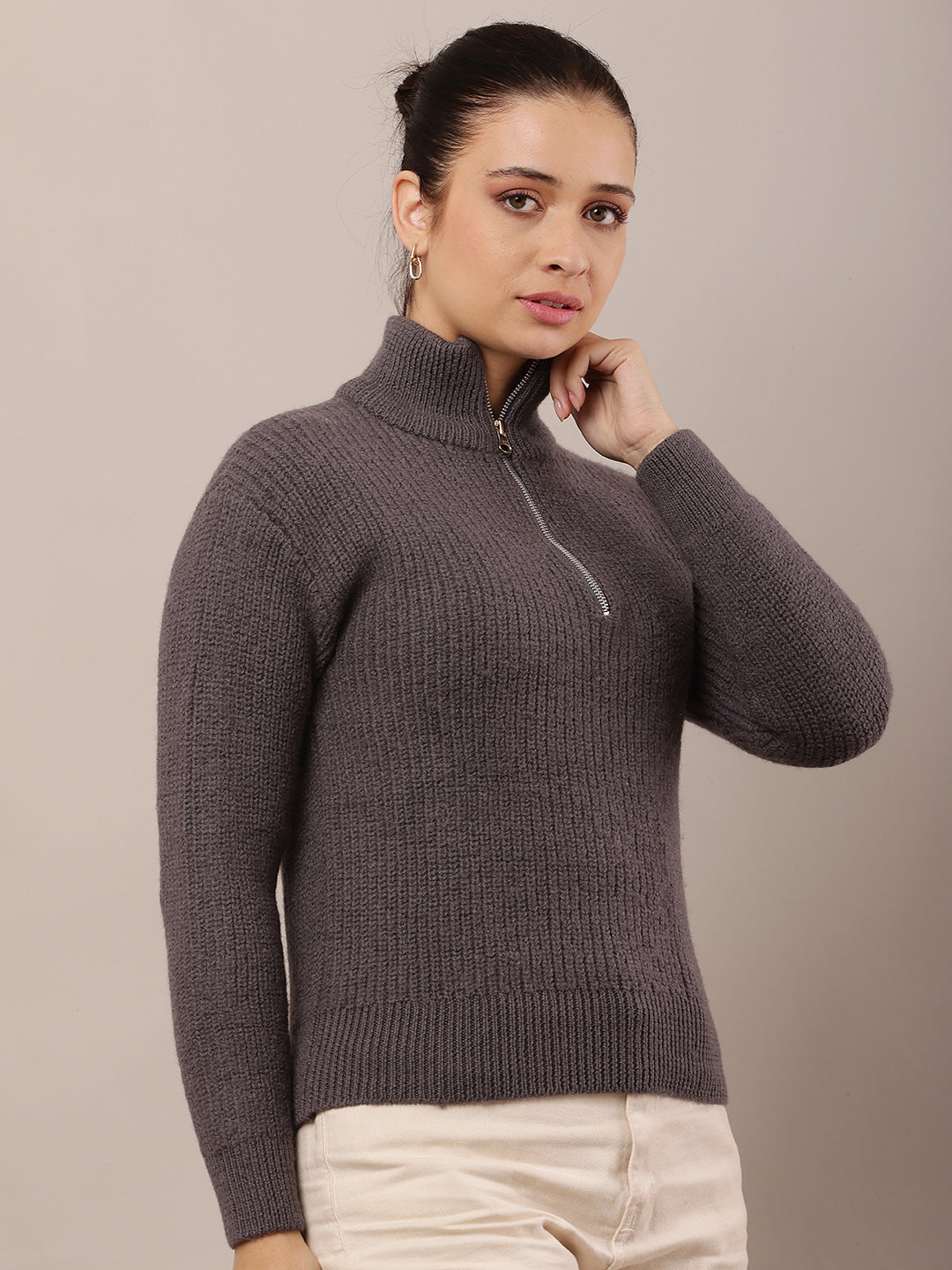 Wool Full Sleeve with High-neck with zip Grey Sweater
