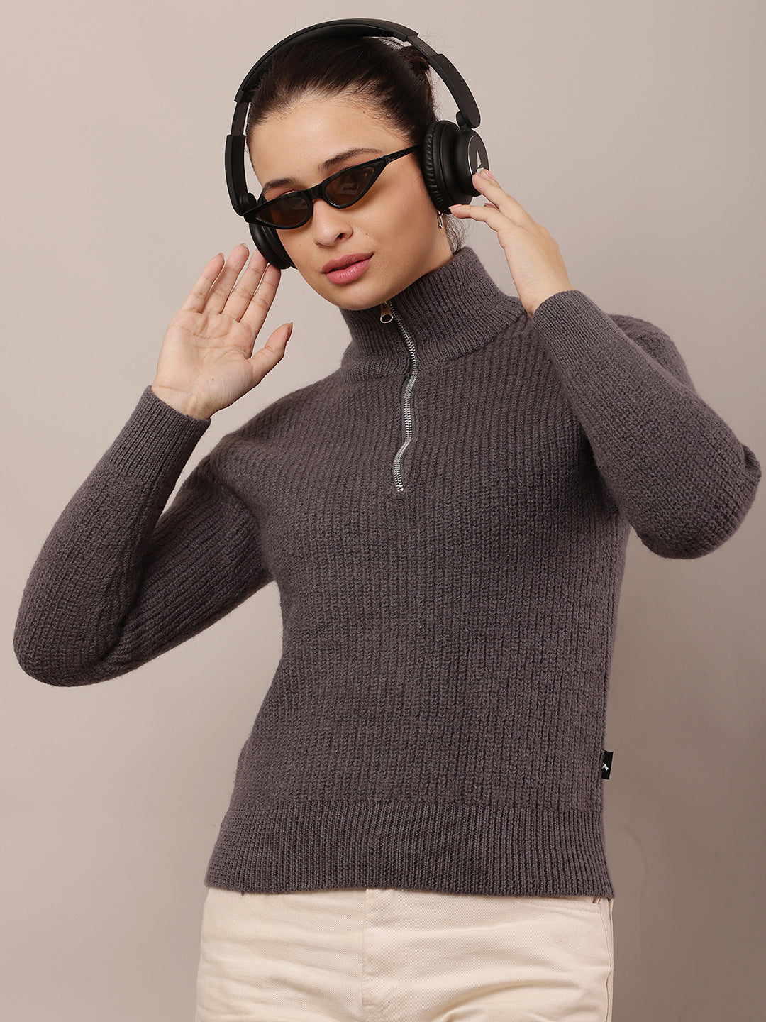 Wool Full Sleeve with High-neck with zip Grey Sweater