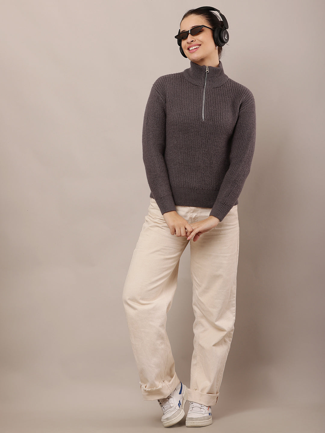 Wool Full Sleeve with High-neck with zip Grey Sweater