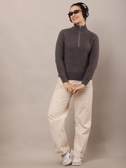 Wool Full Sleeve with High-neck with zip Grey Sweater