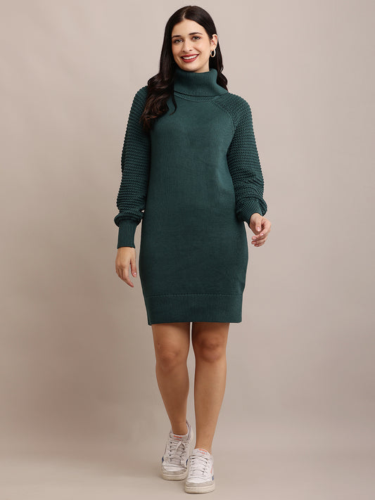 Viscose Full sleeve with High-Neck Dark Green Straight Dress