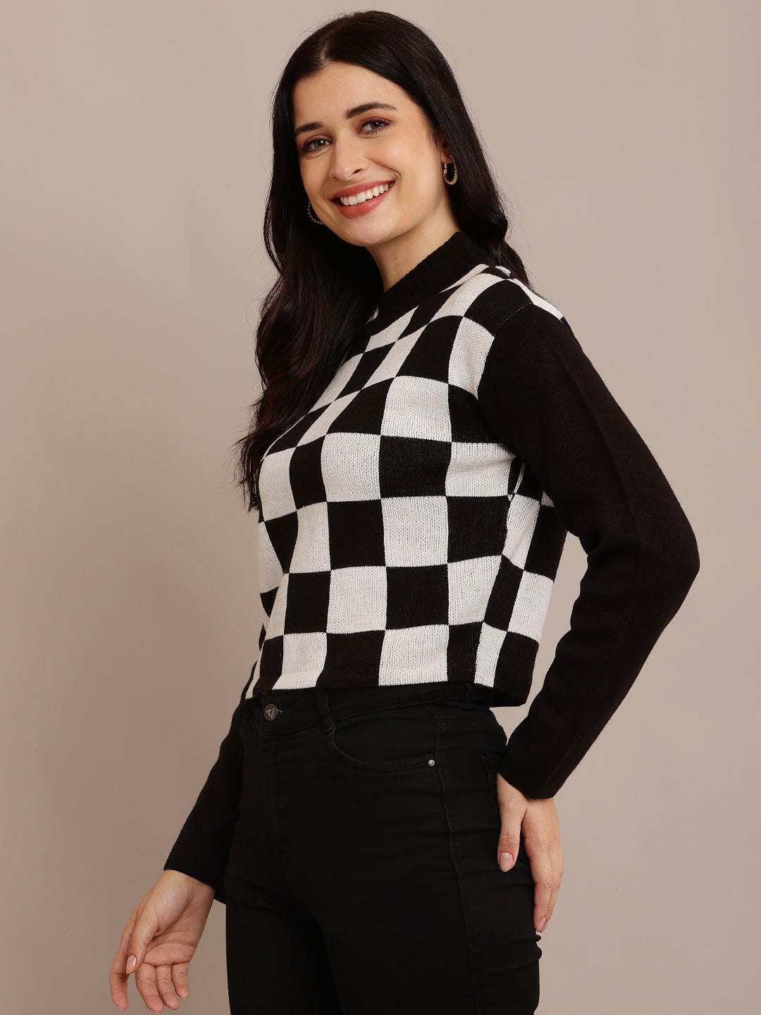 NoBarr Wome's Acrylic Round Neck with Full Sleeve Boxy-style rib-knit Sweater