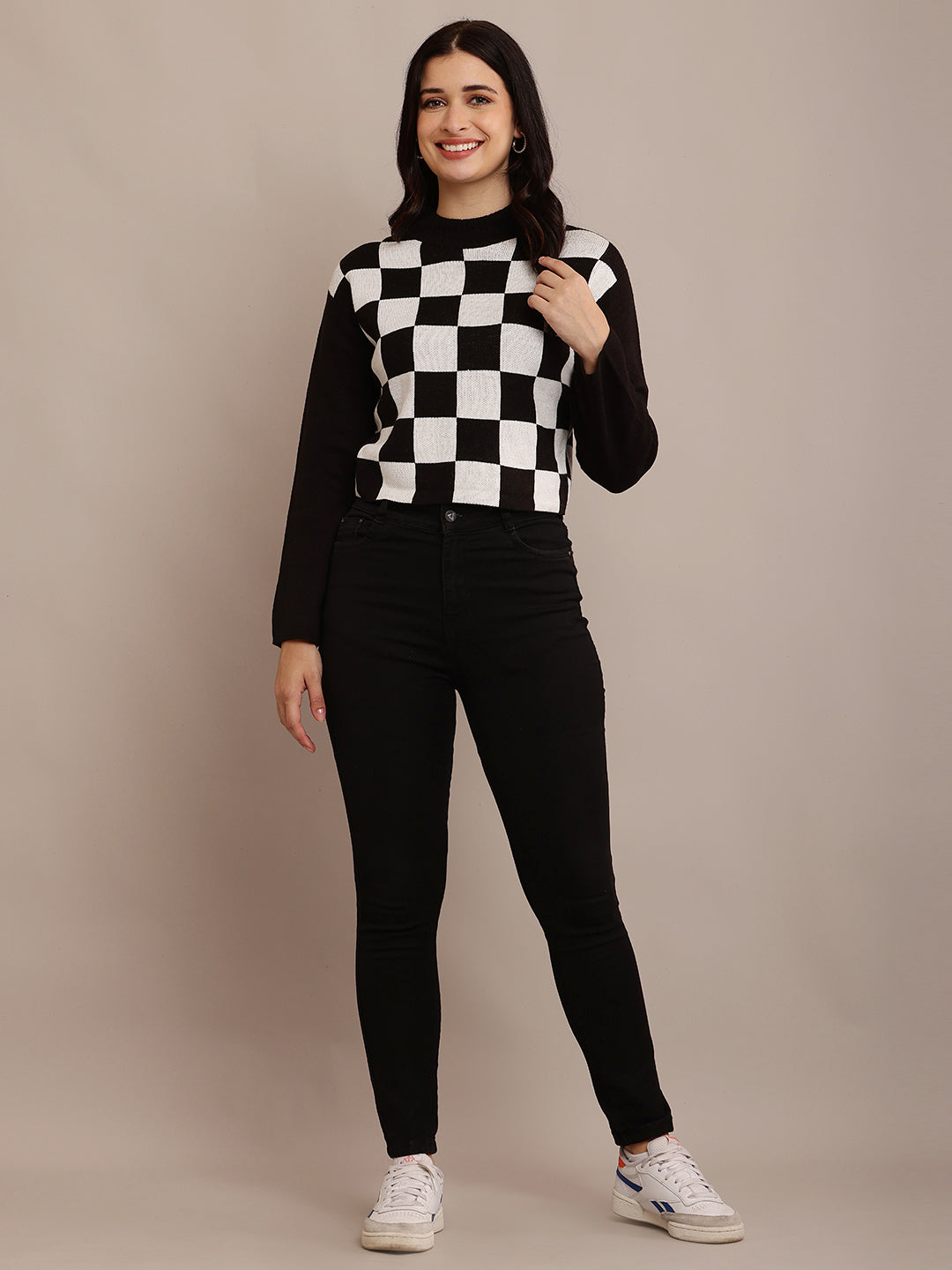 NoBarr Wome's Acrylic Round Neck with Full Sleeve Boxy-style rib-knit Sweater