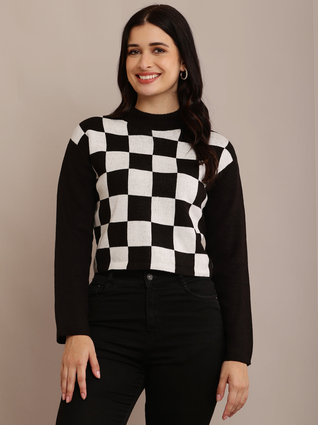 NoBarr Wome's Acrylic Round Neck with Full Sleeve Boxy-style rib-knit Sweater