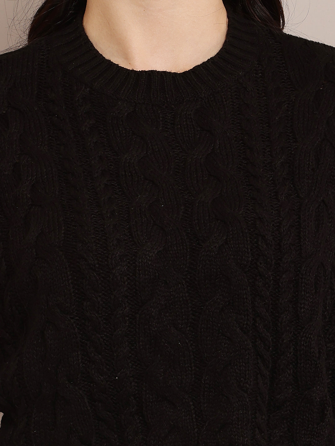 Cotton Full Sleeve with Round Neck Cable Knit Black Crop sweater