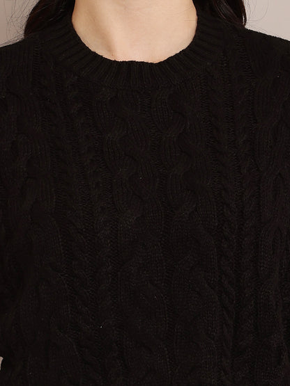 Cotton Full Sleeve with Round Neck Cable Knit Black Crop sweater