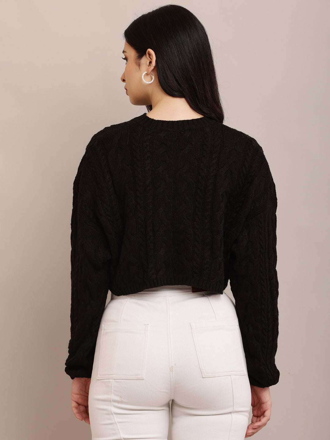 Cotton Full Sleeve with Round Neck Cable Knit Black Crop sweater