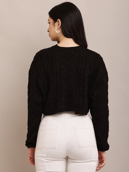 Cotton Full Sleeve with Round Neck Cable Knit Black Crop sweater