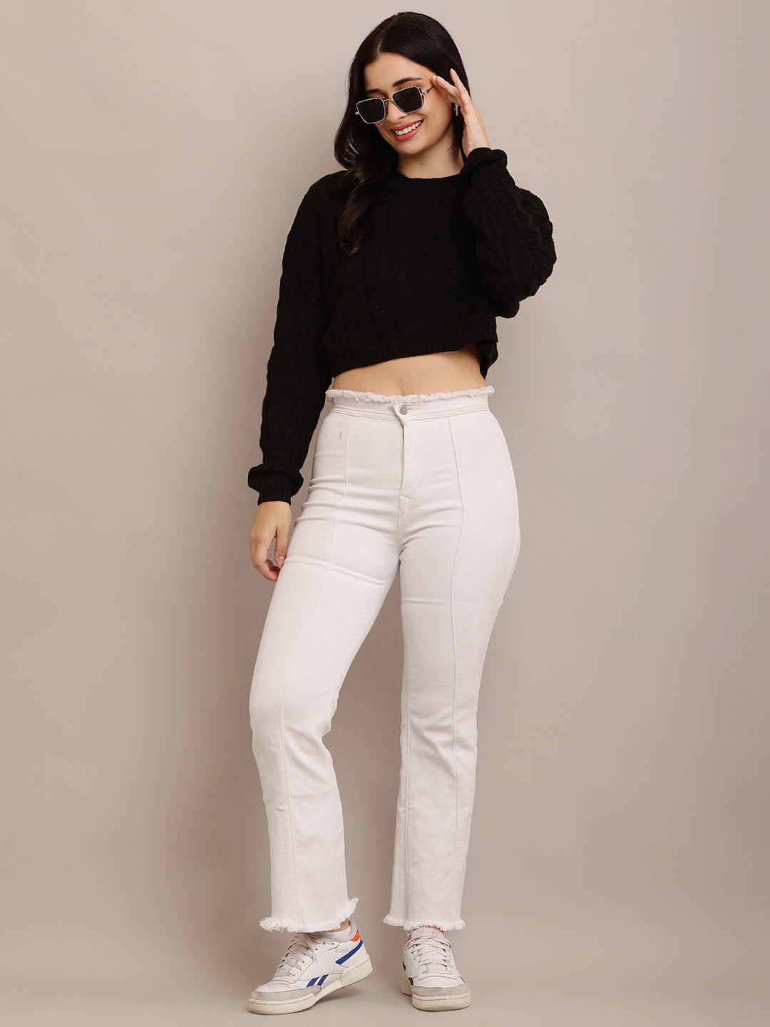 Cotton Full Sleeve with Round Neck Cable Knit Black Crop sweater