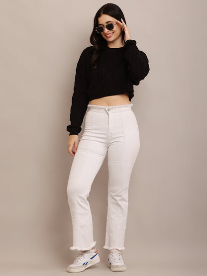Cotton Full Sleeve with Round Neck Cable Knit Black Crop sweater