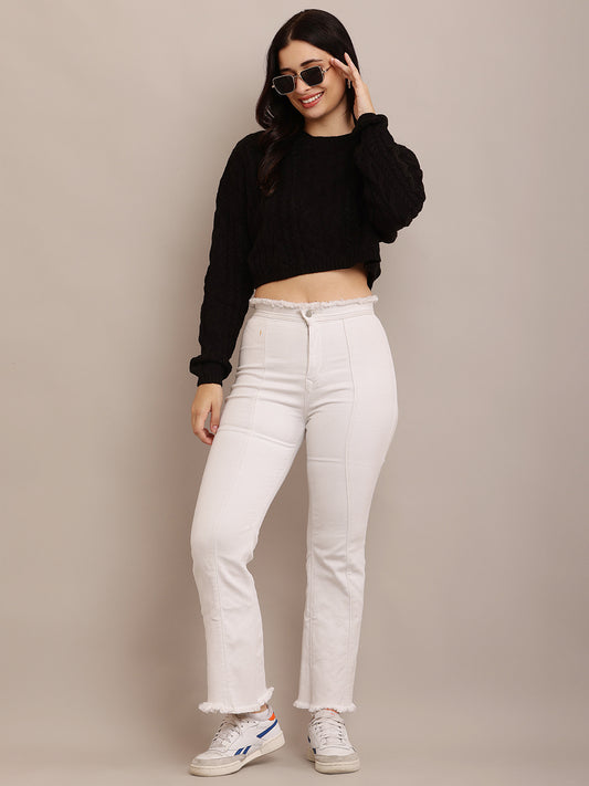 Cotton Full Sleeve with Round Neck Cable Knit Black Crop sweater