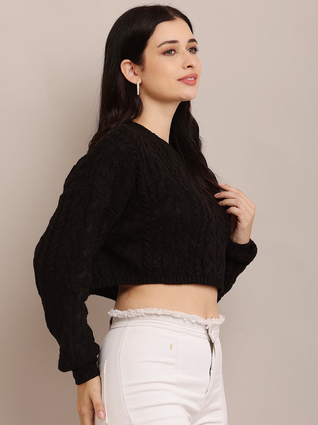 Cotton Full Sleeve with Round Neck Cable Knit Black Crop sweater