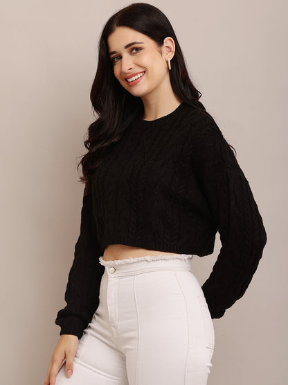 Cotton Full Sleeve with Round Neck Cable Knit Black Crop sweater