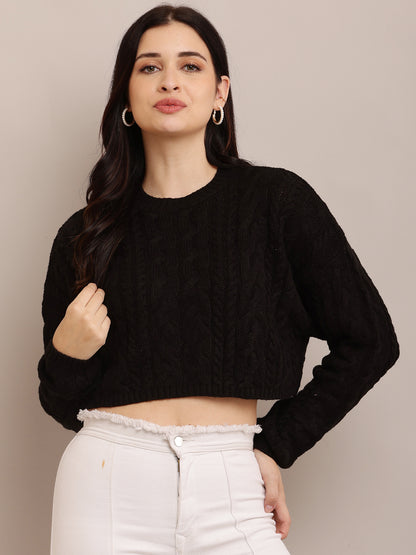 Cotton Full Sleeve with Round Neck Cable Knit Black Crop sweater