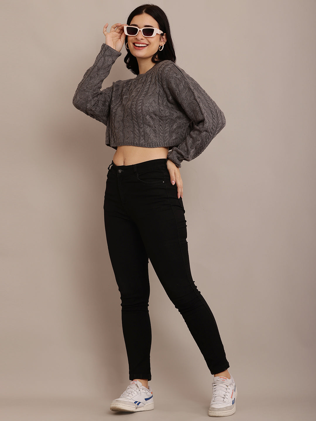 Cotton Full Sleeve with Round Neck Cable Knit Grey Crop sweater