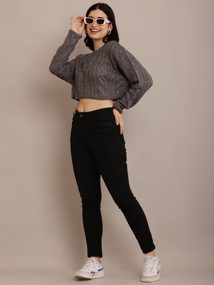 Cotton Full Sleeve with Round Neck Cable Knit Grey Crop sweater
