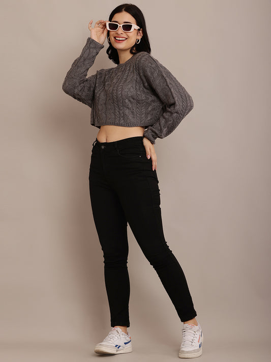 Cotton Full Sleeve with Round Neck Cable Knit Grey Crop sweater