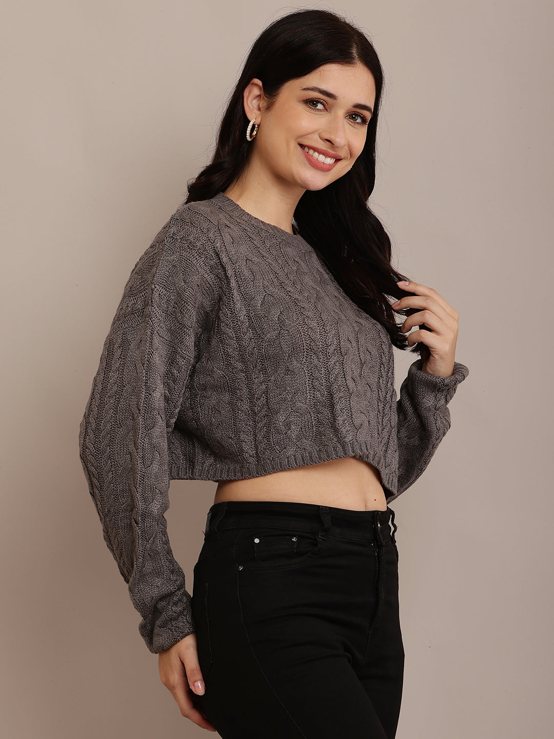 Cotton Full Sleeve with Round Neck Cable Knit Grey Crop sweater