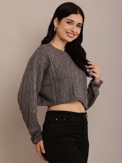Cotton Full Sleeve with Round Neck Cable Knit Grey Crop sweater