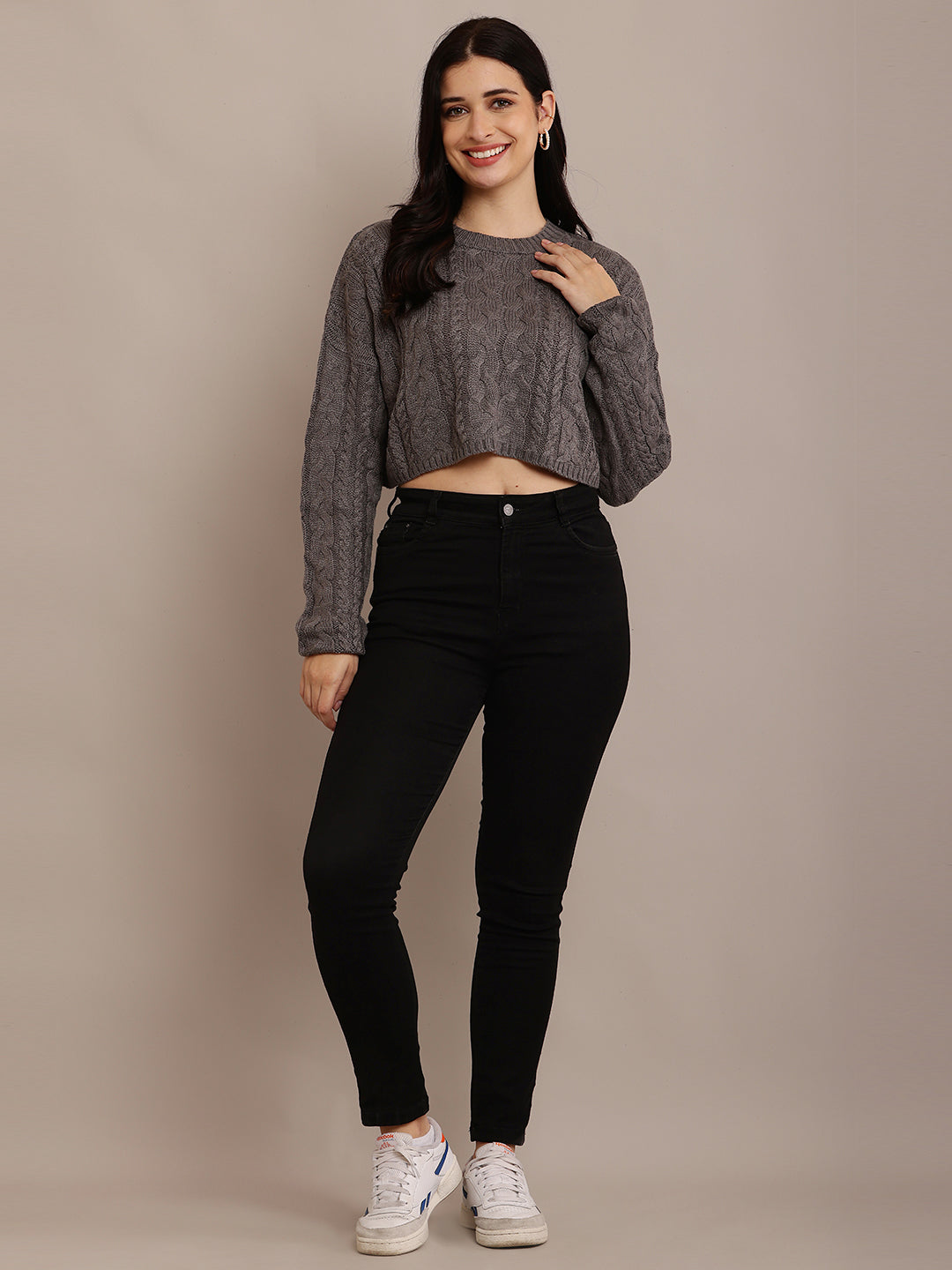 Cotton Full Sleeve with Round Neck Cable Knit Grey Crop sweater