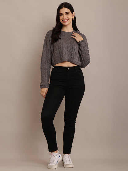 Cotton Full Sleeve with Round Neck Cable Knit Grey Crop sweater