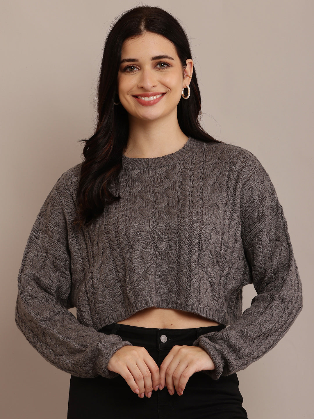 Cotton Full Sleeve with Round Neck Cable Knit Grey Crop sweater